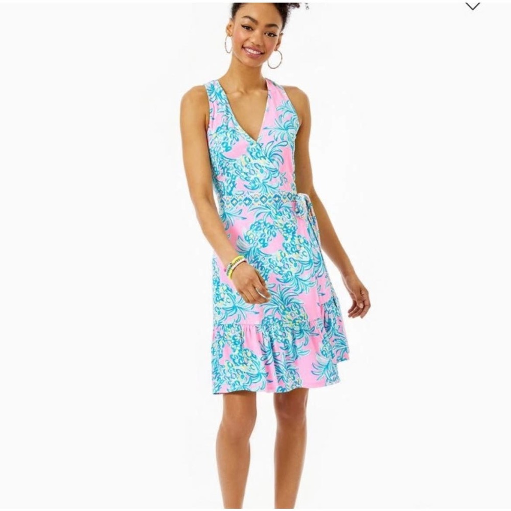 Lilly Pulitzer Misha Wrap Dress Pelican Pink Beat the Heat Size L. EUC;worn once